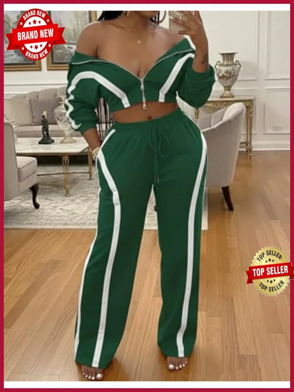 Women Striped Two Piece Tracksuit Set Long Sleeve Zip Up Jacket Wide Leg Pants
